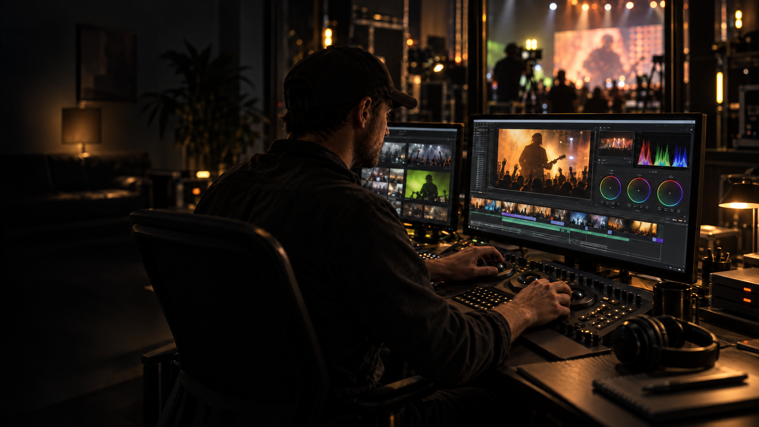 Editor bei der Arbeit in einem professionellen Schnittstudio